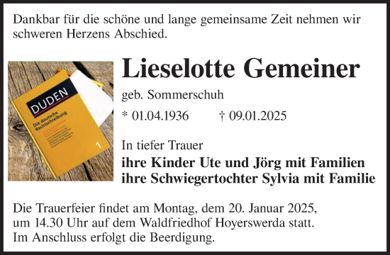 Traueranzeige von Lieselotte Gemeiner von WochenKurier