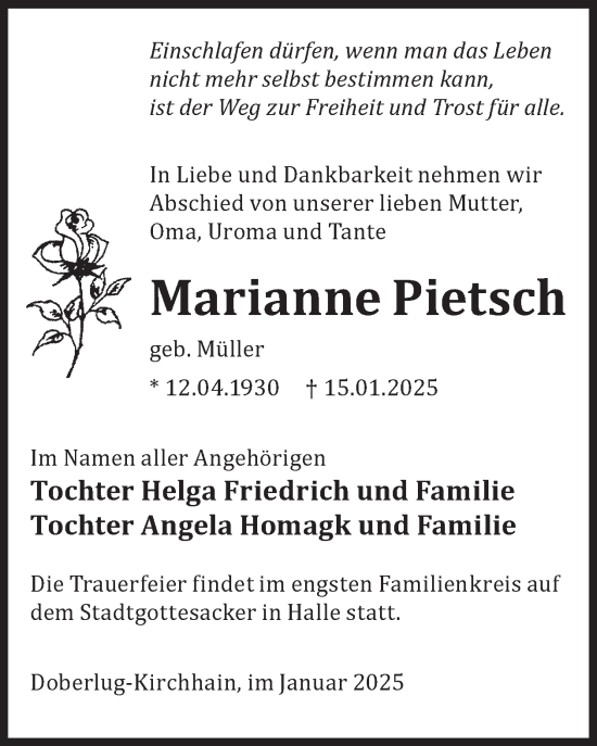 Traueranzeige von Marianne Pietsch von WochenKurier