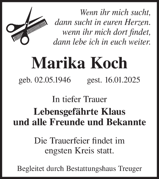 Traueranzeige von Marika Koch von WochenKurier