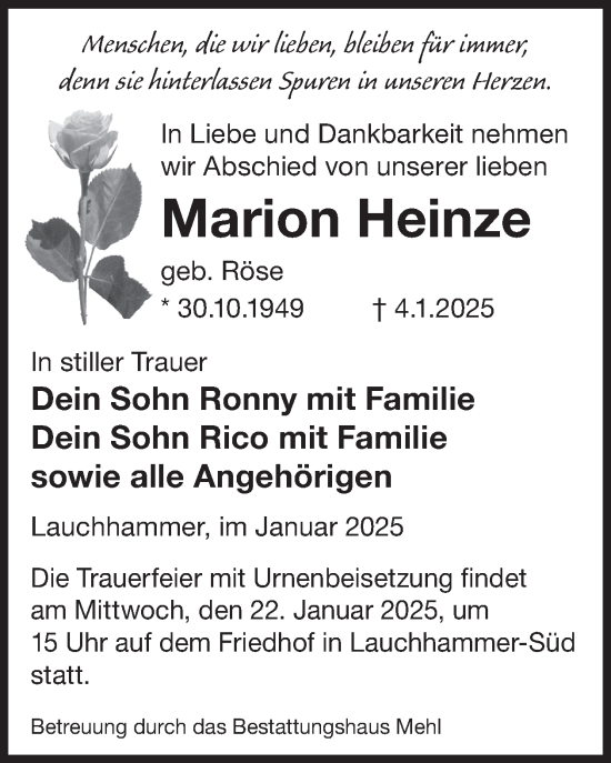 Traueranzeige von Marion Heinze von WochenKurier