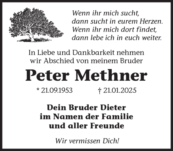 Traueranzeige von Peter Methner von WochenKurier