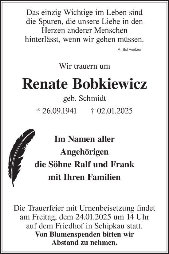 Traueranzeige von Renate Bobkiewicz von WochenKurier