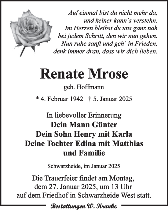 Traueranzeige von Renate Mrose von WochenKurier