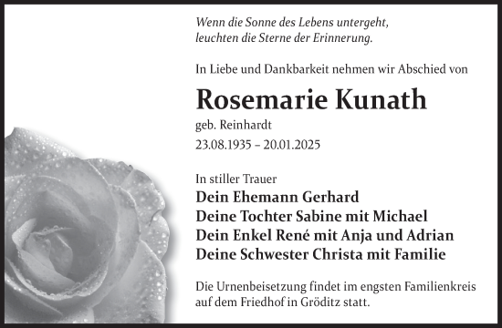 Traueranzeige von Rosemarie Kunath von WochenKurier