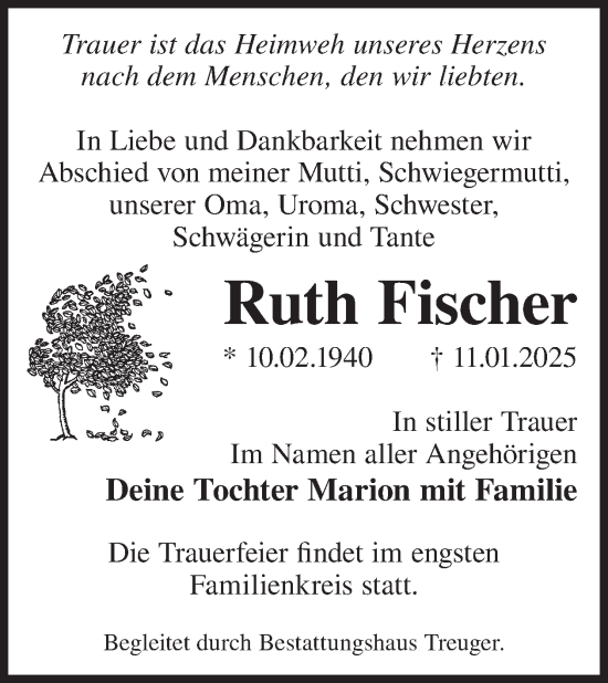 Traueranzeige von Ruth Fischer von WochenKurier