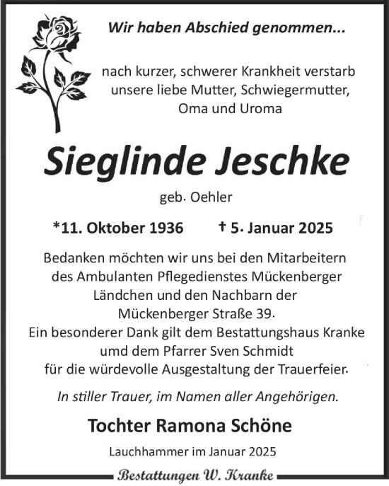 Traueranzeige von Sieglinde Jeschke von WochenKurier