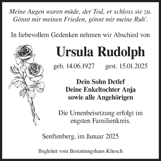 Traueranzeige von Ursula Rudolph von WochenKurier