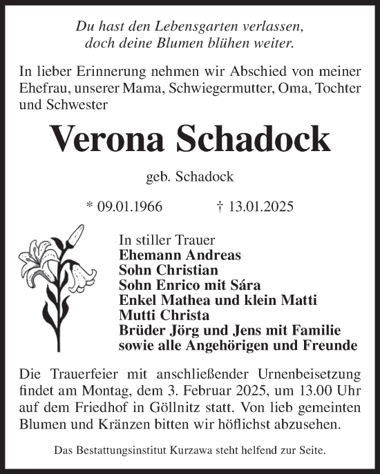 Traueranzeige von Verona Schadock von WochenKurier